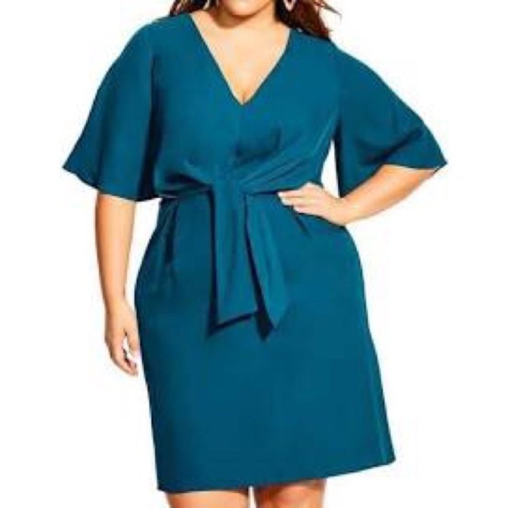 City Chic Teal V Neck Tie Front Dress with Flurry Sleeve